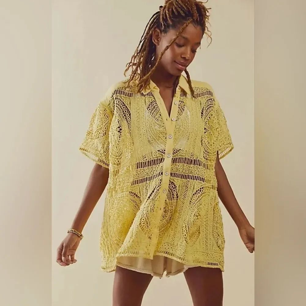 Free People all things sweet crochet button down top XS NWT yellow plum